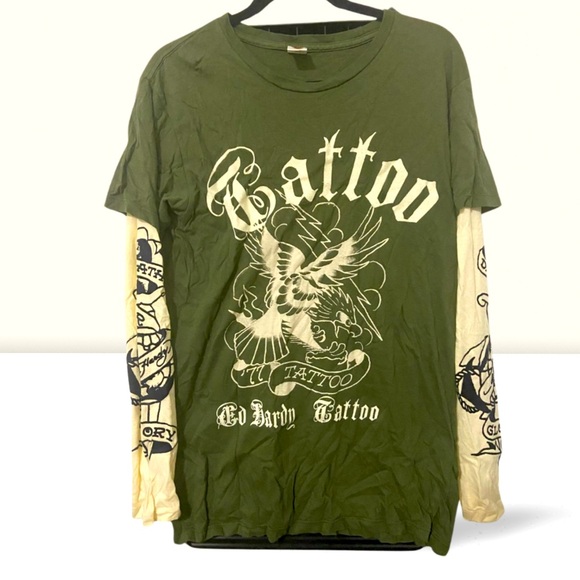 Vintage Ed Hardy Two Toned Long Sleeved Graphic Tattoo Shirt - Picture 1 of 4